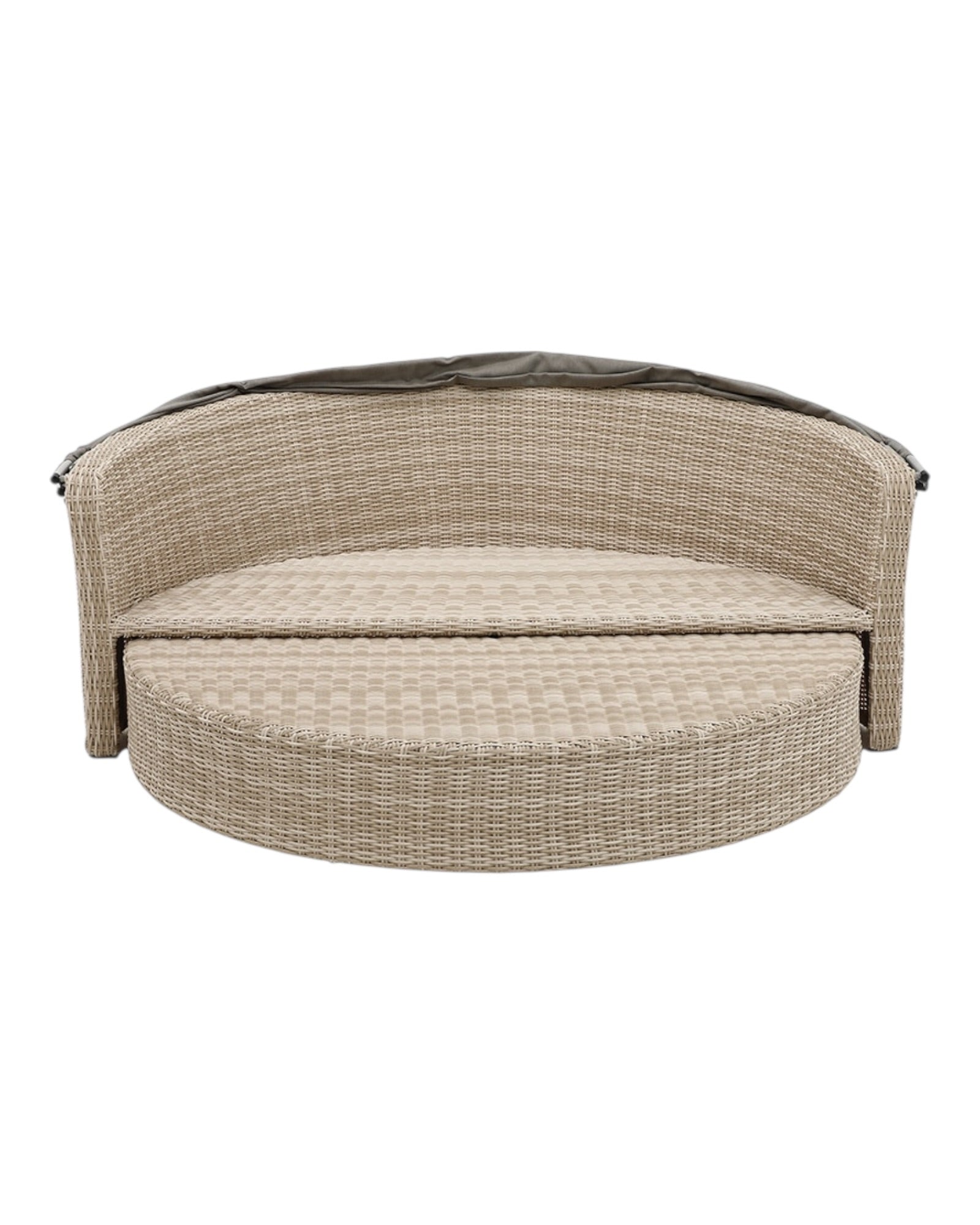 Natural rattan day bed from Pacific Lifestyle Ltd, part of a garden furniture set with cushions in an outdoor setting.