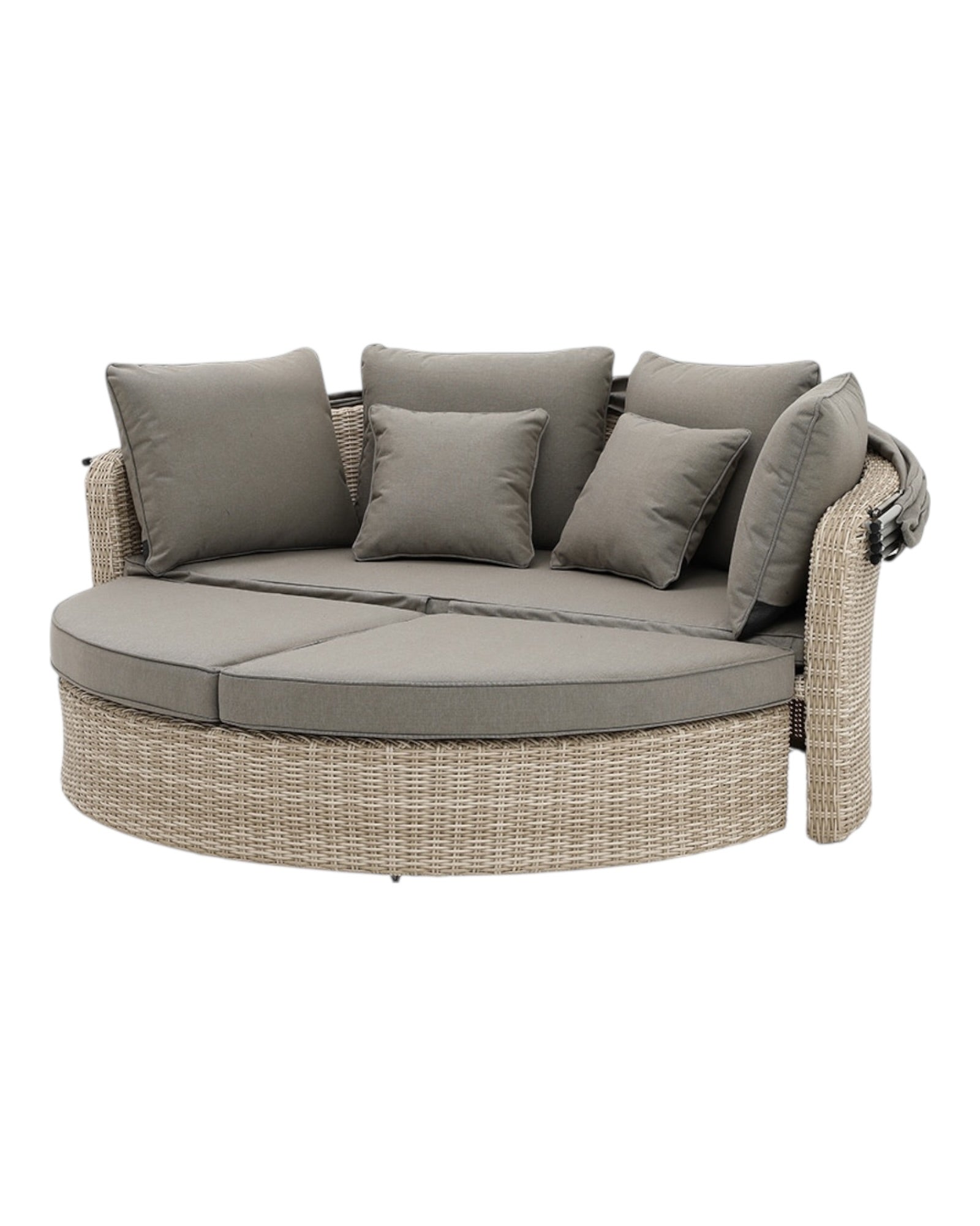 Natural rattan day bed from Pacific Lifestyle Ltd garden furniture set, featuring plush cushions and outdoor-ready design.