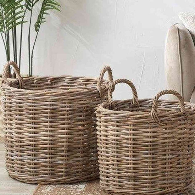 Round rattan Kubu luxury storage baskets for home decor by Pacific Lifestyle Ltd, featuring a natural woven design.