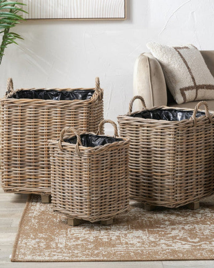 Rattan Kubu luxury lined square storage baskets in natural finish, ideal for home decor organization and stylish storage solutions.
