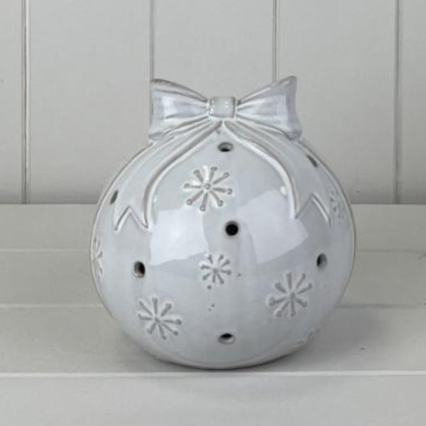 Glazed Ceramic Bauble with Bow Ornament with Textured Detail and LED