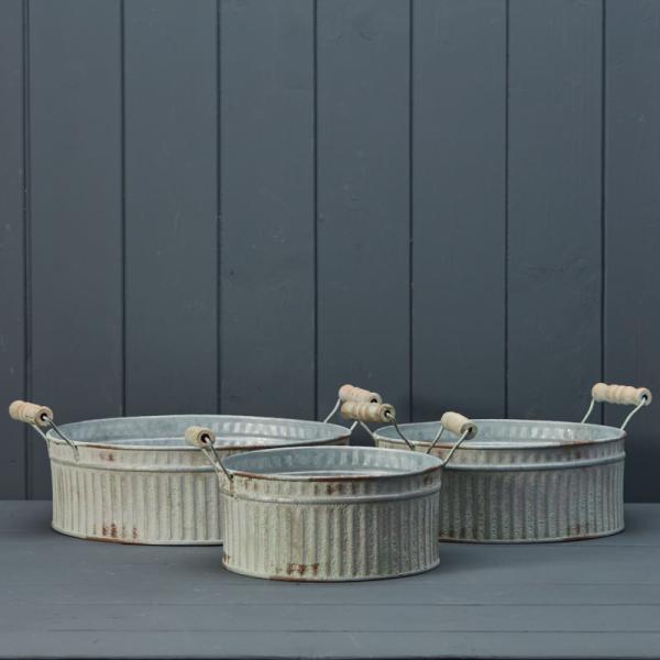 Set of Three Vintage White Ribbed Zinc Planter Bowls