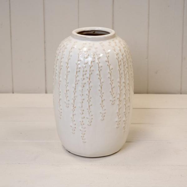 White Leaf Ceramic Ribbed Vase - Medium