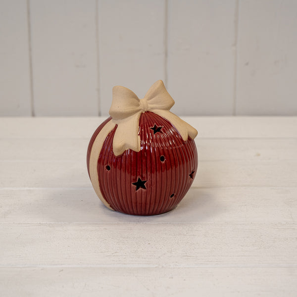 Large Red Ceramic LED Bauble with Bow Detail. With 6 Hour Timer
