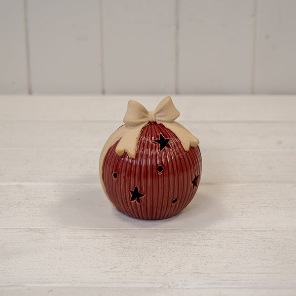 Medium Red Ceramic LED bauble with Bow Detail. 6 Hour Timer