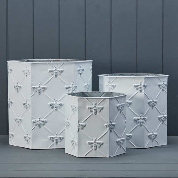 Set of Three White Hexagonal Bee Zinc Planters L26.5 M22cm S18.5