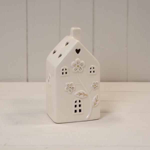 Glazed Ceramic House with LED Light Up Ornament with Textured Detail