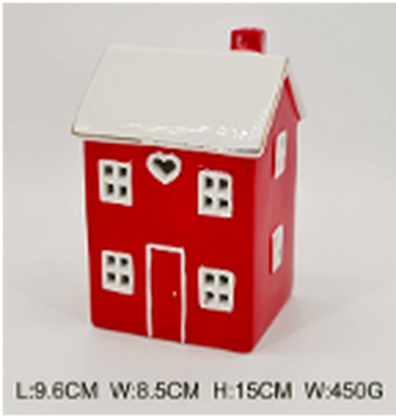 Tall red ceramic LED Christmas heart house by Satchville, featuring a decorative ceramic heart design and warm LED lighting.