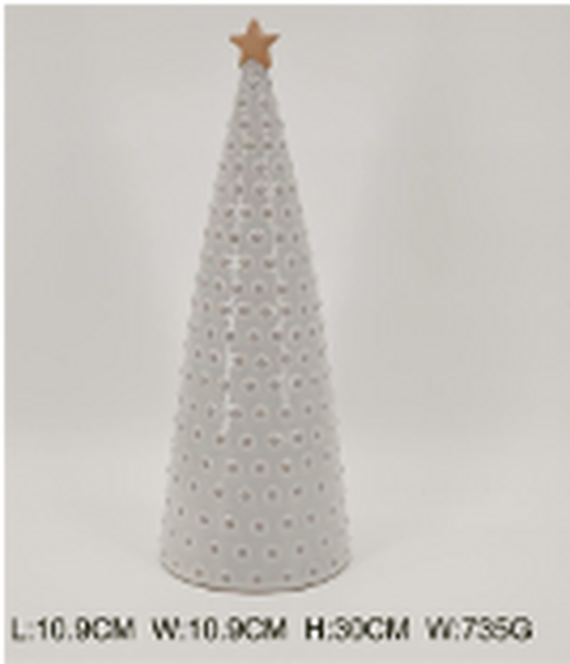Large white Stoneglazed bobbin Christmas tree with gold star by Satchville