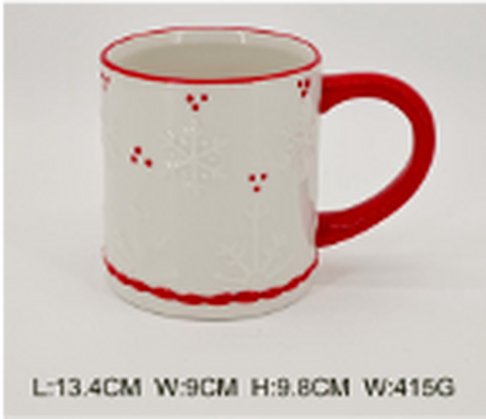 Red Christmas mug with intricate snowflake design by Satchville, featuring festive holiday details and a ceramic handle.