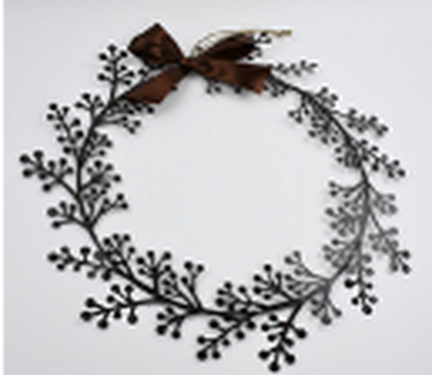 Satchville Christmas metal hanging wreath with a brown ribbon bow, festive holiday decor with a rustic, elegant design.