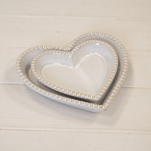 Natural Ceramic Heart Shaped Plate With Bobble Rim - Large