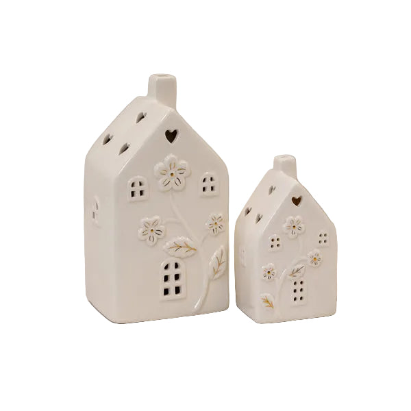 Glazed Ceramic House with LED Light Up Ornament with Textured Detail