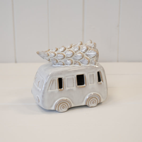 White Light Up LED Camper Van with Christmas Tree on Roof