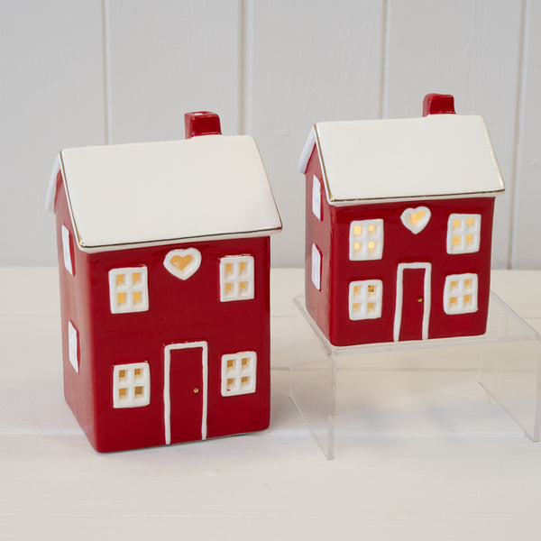 Red ceramic LED Christmas heart-shaped house by Satchville, featuring a cozy heart design with glowing lights.