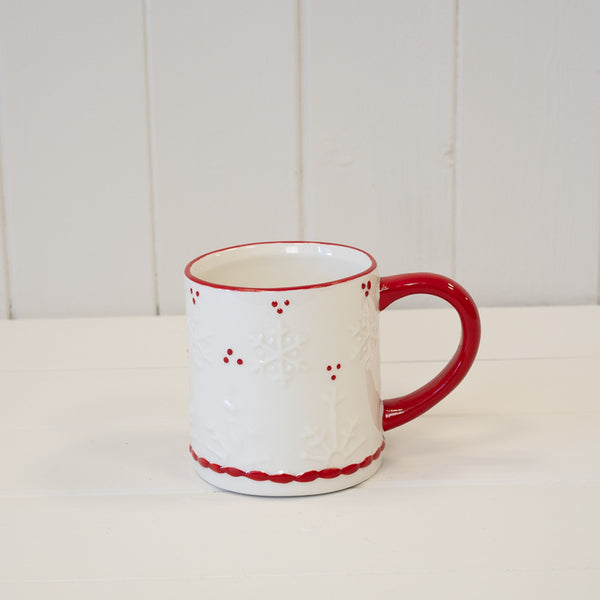 Satchville Christmas snowflake red detailed mug with festive holiday design and intricate snowflake patterns on white ceramic