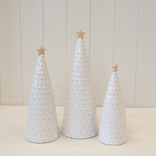 White stoneglazed bobbin Christmas tree with gold star by Satchville, medium size