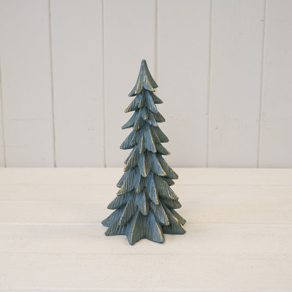 Medium dark sage resin Christmas tree with gold edging by Satchville, decorated with festive ornaments and lights.