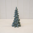 Medium dark sage resin Christmas tree with gold edging by Satchville, decorated with festive ornaments and lights.