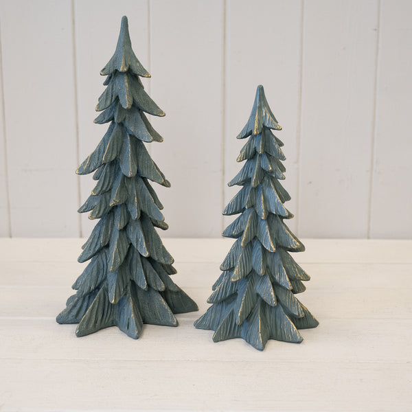 Dark sage resin Christmas tree with gold edging, medium size, by Satchville, decorated with holiday ornaments and lights.