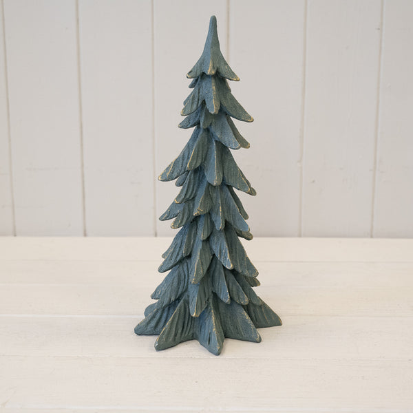 Dark sage resin Christmas tree with gold edging, tall decorative holiday tree by Satchville.