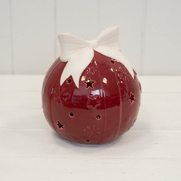 Traditional red LED Christmas bauble with decorative bow, crafted by Satchville, perfect for holiday tree decorating.