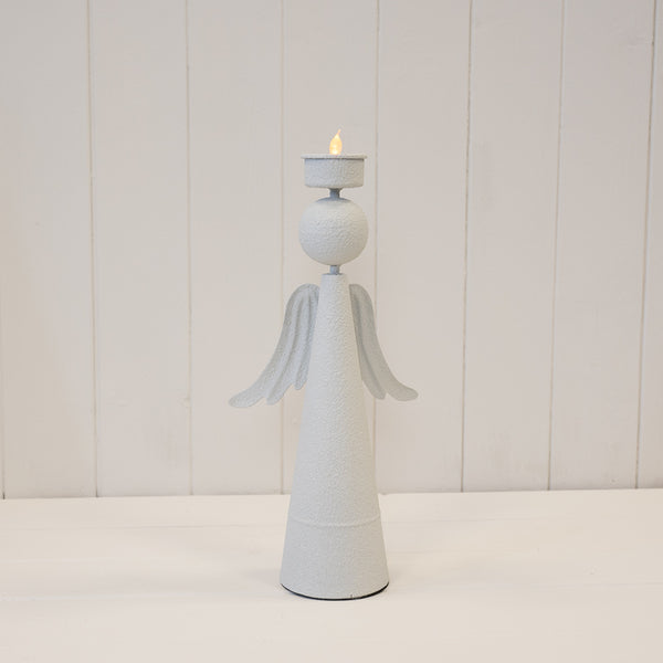 Tall off-white textured metal angel tealight holder, 32cm high, with layered wings and a cup above its round head; original front view.