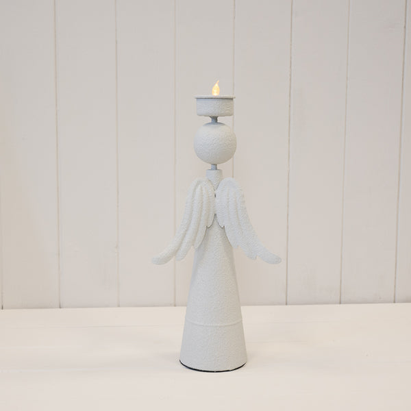 Tall off-white textured metal angel tealight holder, 32cm high, with layered wings and a cup above its round head; original rear view.