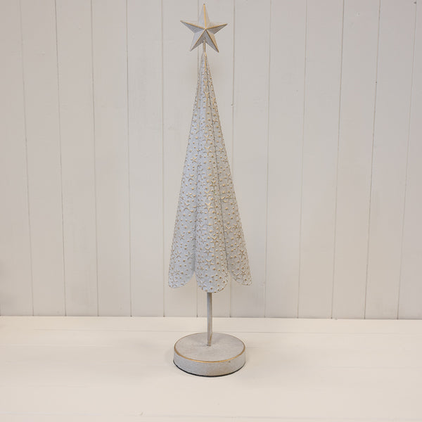 Extra-large white metal Christmas tree with gold stars and a round base.