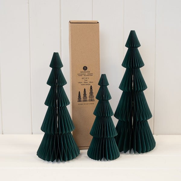 Set of three green standing paper Christmas trees by Satchville, decorative holiday paper trees for festive display