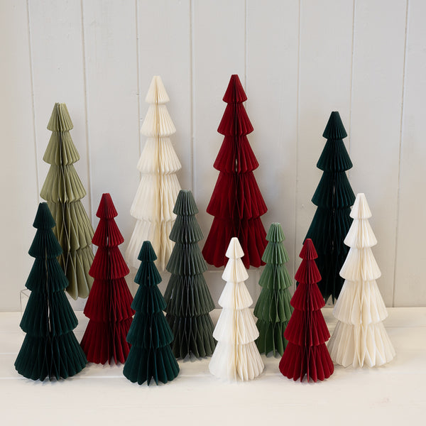 Set of 3 green standing paper Christmas trees by Satchville, decorative holiday paper trees for festive displays.