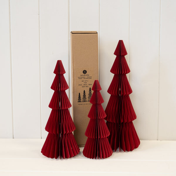 Set of three Burgundy red standing paper Christmas trees by Satchville, decorative holiday paper trees for festive decor.