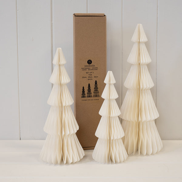 Set of 3 white standing paper Christmas trees by Satchville, decorative holiday paper trees for festive display.