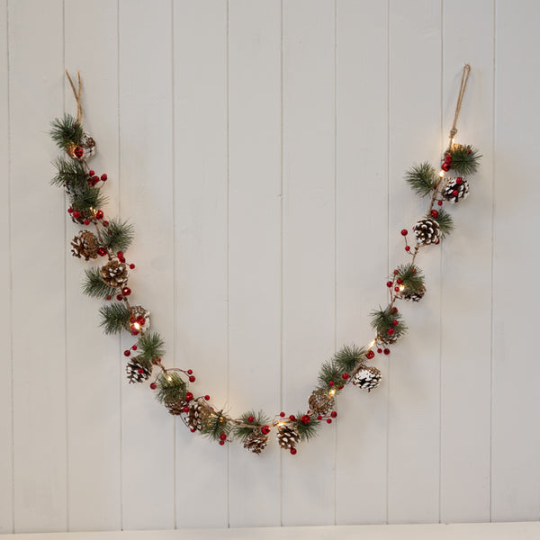Satchville Christmas LED garland with pinecones and berries, decorative string lights for holiday decorating.