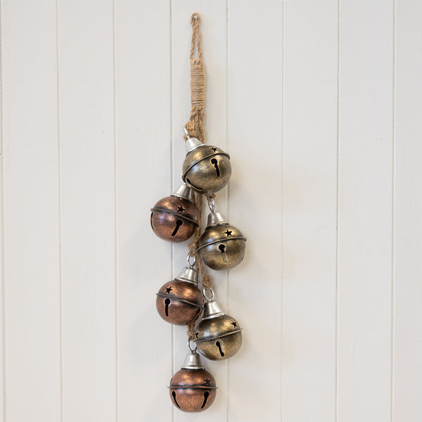 Gold and copper metal Christmas garland with five hanging baubles for holiday decoration by Satchville