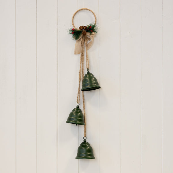 Hanging forest green Christmas bells on decorative hoop