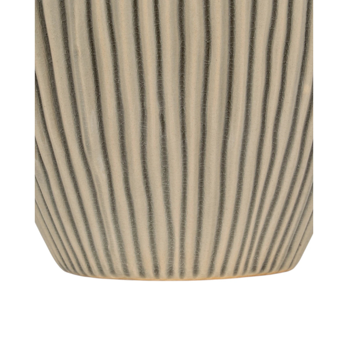 Textured beige striped vase by Hill Interiors, showcasing a stylish design with horizontal stripes and a matte finish.