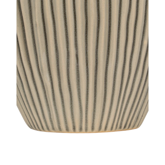 Textured beige striped vase by Hill Interiors, showcasing a stylish design with horizontal stripes and a matte finish.