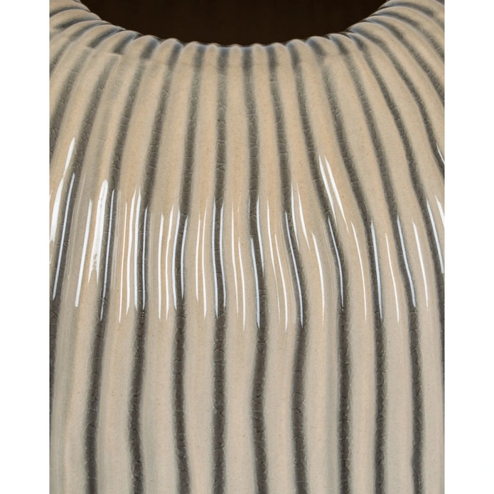Textured beige striped vase from Hill Interiors, Pallida collection, showcasing a modern ceramic vase with subtle striped design.