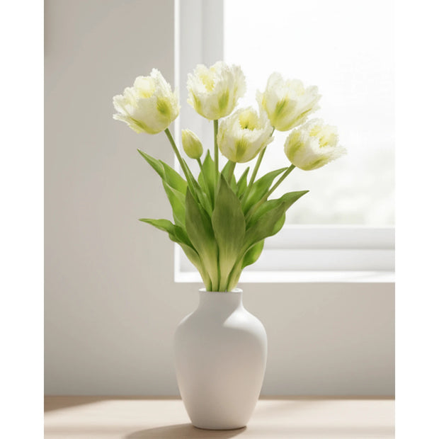 Bunch of 5 white artificial Parrot Tulip stems from Starlight Express, perfect for spring floral decor.