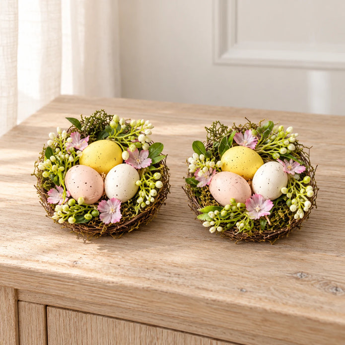 Set of two decorative pastel egg nests with pink flowers and greenery, packaging removed, hero view.