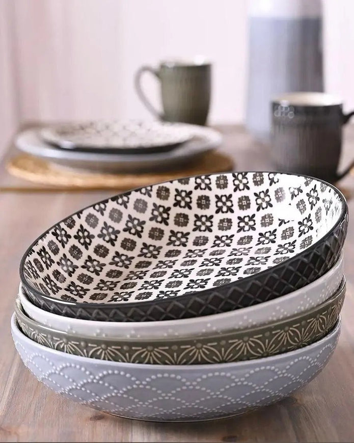 Patterned Nordic Monochrome Pasta Bowls - Set of Four - Kitchen & DiningKitchen & Dining - Lulu Loves Home