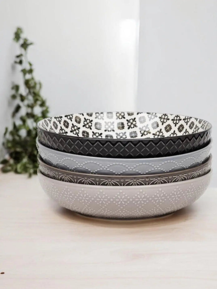 Patterned Nordic Monochrome Pasta Bowls - Set of Four - Kitchen & DiningKitchen & Dining - Lulu Loves Home