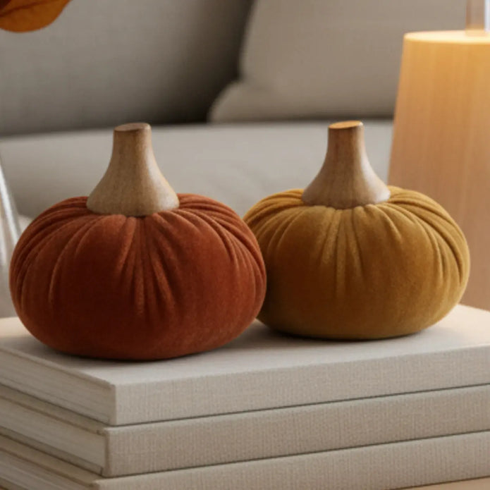 Large velvet pumpkin with wooden stem for autumn decor, from Heaven Sends, featuring rich velvet texture and natural wooden stem.