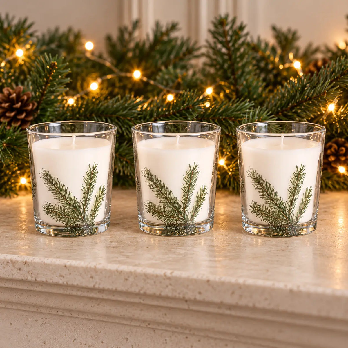 Widdop & Co set of 3 pine pattern candles displayed on a mantelpiece