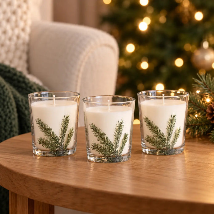 Widdop & Co pine pattern candles set of 3 displayed together
