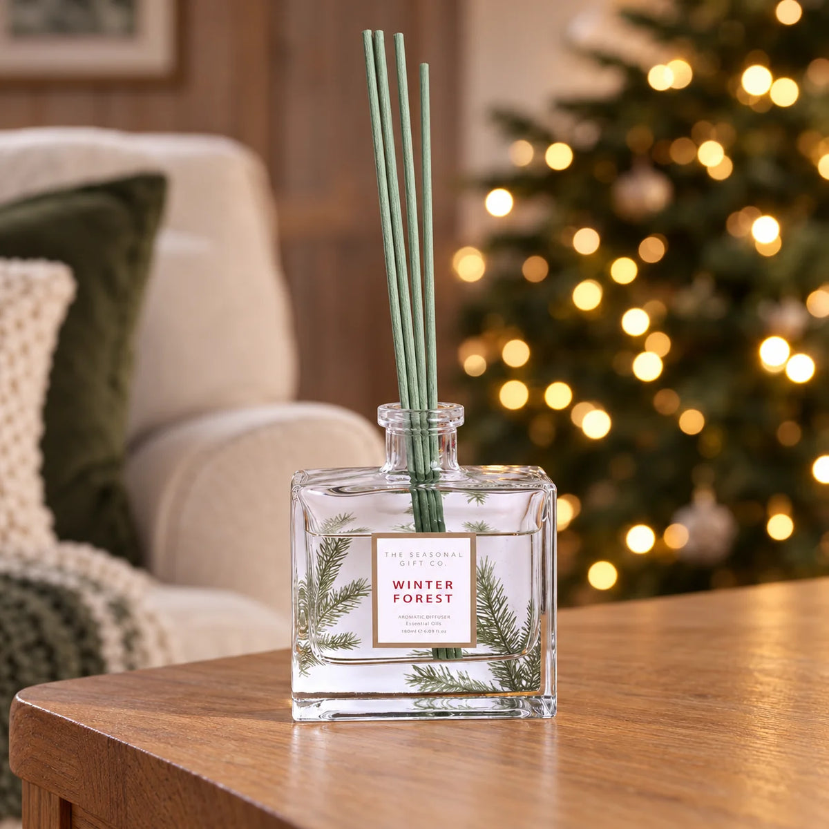 180ml Pine Pattern reed diffuser styled on an oak sitting room table