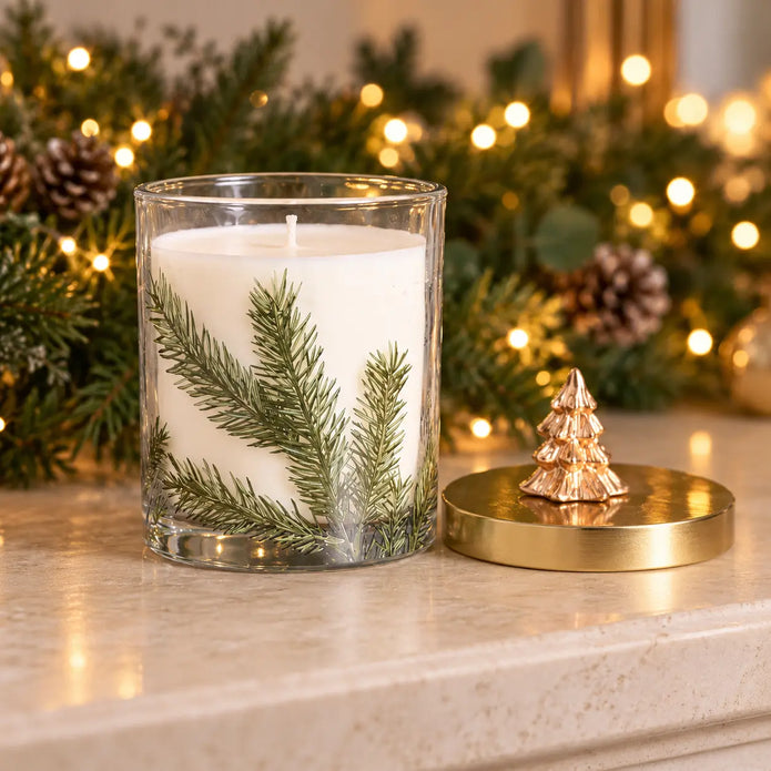 Widdop & Co pine pattern scented candle, 330g jar displayed on a mantel