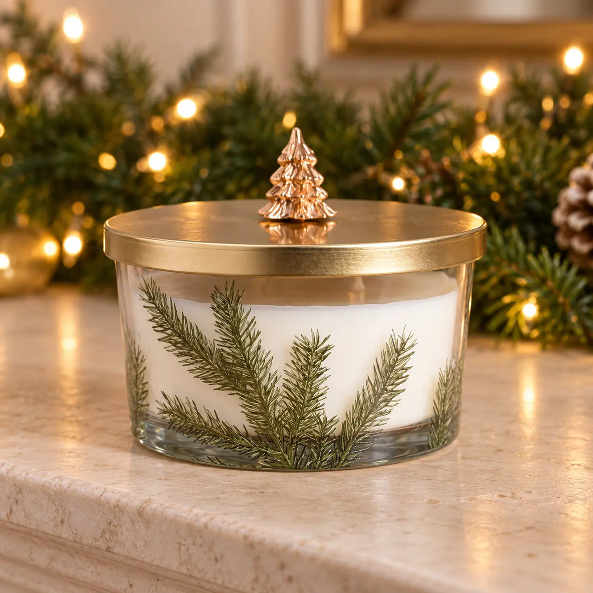 Widdop & Co Pine Pattern scented candle, 430g, featuring a detailed pine design on a mantelpiece