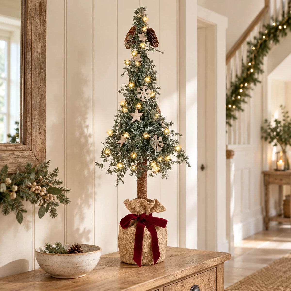 Pine spruce tree with burgundy bow styled on an oak hallway console